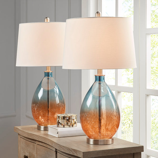 English Elm Cortina Ombre Glass Table Lamp Set of 2 – Blue Glass Bases, White Tapered Shades, Modern Accent Lighting, Includes Bulbs & 2-Year Warranty B03594978