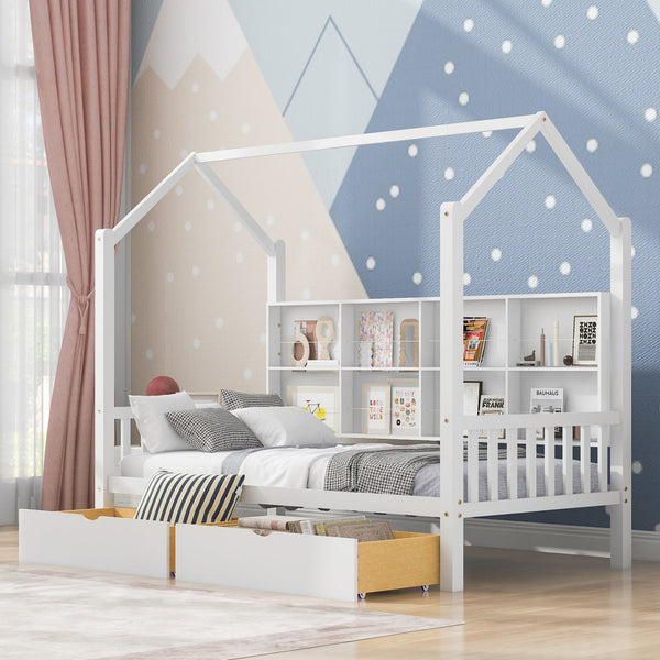 English Elm Wooden Twin House Bed with Roof & 2 Drawers, Storage Shelf, Pine Frame, Contemporary White Finish WF301456AAK