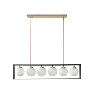 English Elm Helena Industrial 6-Light Frosted Glass Globe Linear Chandelier, Antique Brass Open Cage Fixture B03596555