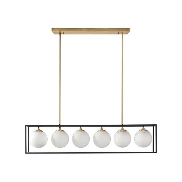 English Elm Helena Industrial 6-Light Frosted Glass Globe Linear Chandelier, Antique Brass Open Cage Fixture B03596555