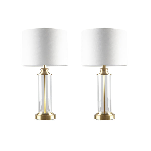 English Elm Clarity Glass Cylinder Table Lamp Set of 2 with Gold Base, Off-White Drum Shades, 72" Cord, 2-Year Warranty B03594985