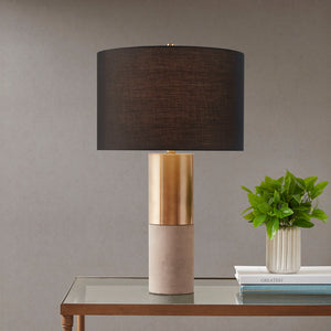 English Elm Concrete Fulton Table Lamp with Plated Brass Spiral Base and Gold Fabric Drum Shade, 27.5" tall B03599270