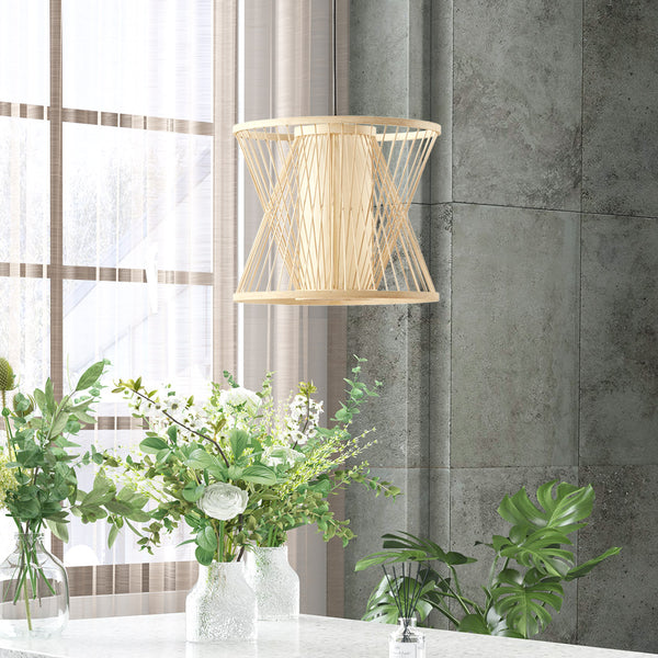 English Elm Geometric Bamboo Pendant Aria by INK+IVY — Natural Rattan Shade, Cylindrical Core, 48.75” Drop, Hardwire Indoor Use B03596567