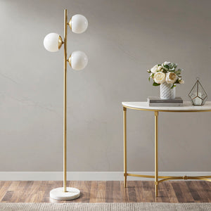 English Elm 3-Globe Holloway Floor Lamp with Marble Base, Gold Metal & White Glass Shades, Modern 62" Accent Light B03599272