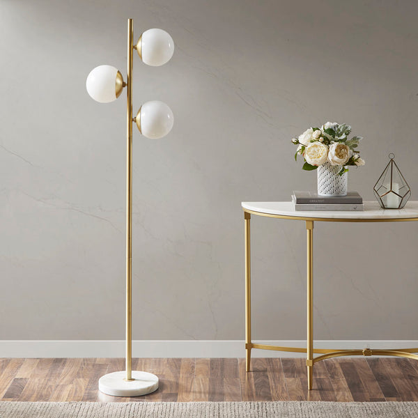 English Elm 3-Globe Holloway Floor Lamp with Marble Base, Gold Metal & White Glass Shades, Modern 62" Accent Light B03599272