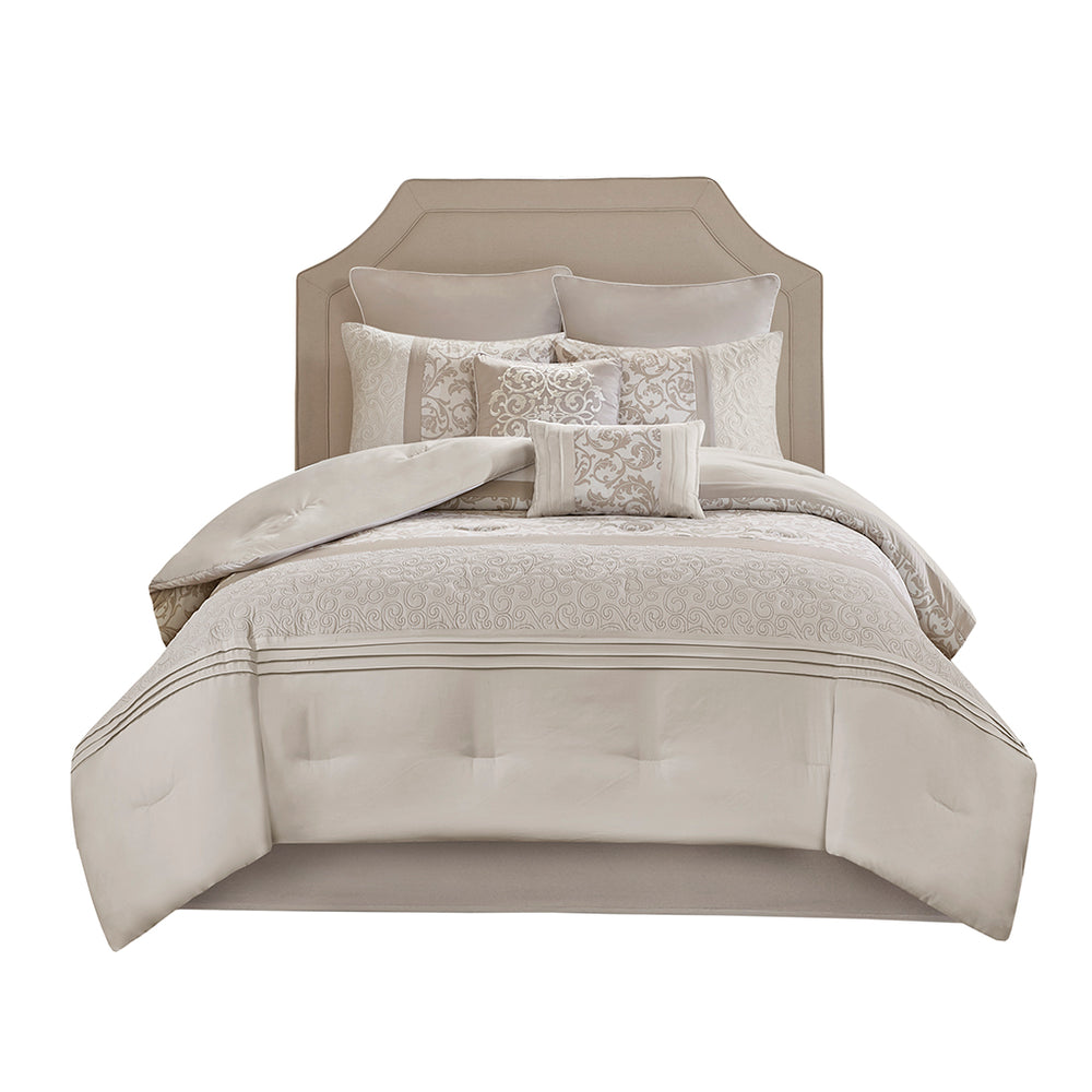 English Elm Embroidered 8-Piece Comforter Set For Cal King - Luxurious Neutral Tones With Quilted Elegance B03594911