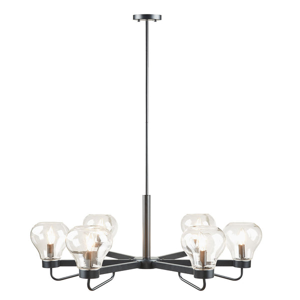 English Elm 6-Light Devon Chandelier with Clear Bowl Glass Shades, Matte Black Mid-Century Uplight Fixture, Adjustable Height B03594966