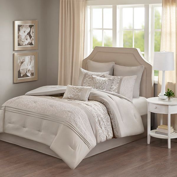 English Elm Embroidered 8-Piece King Comforter Set - Neutral Tones, Ultra-Soft Microfiber, Elegant Design B03594910
