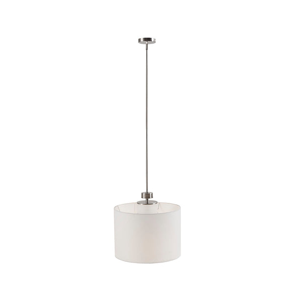 English Elm Pacific Metal Pendant with Drum Shade - Silver Plated Iron & White Linen Look Shade, Urban Chic 18" Fixture, Dimmable-Friendly, Glass Diffuser B03596560