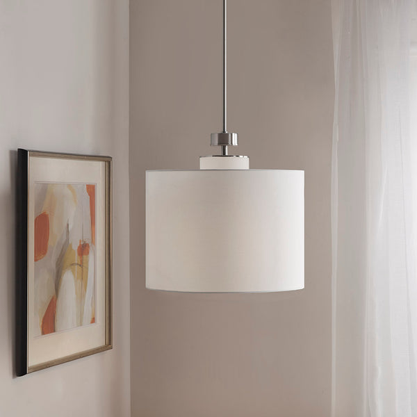 English Elm Pacific Metal Pendant with Drum Shade - Silver Plated Iron & White Linen Look Shade, Urban Chic 18" Fixture, Dimmable-Friendly, Glass Diffuser B03596560