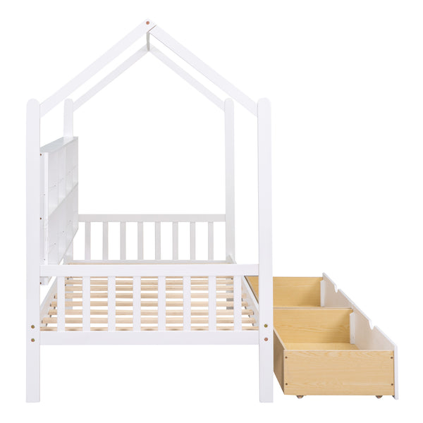 English Elm Wooden Twin House Bed with Roof & 2 Drawers, Storage Shelf, Pine Frame, Contemporary White Finish WF301456AAK