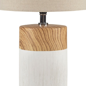 English Elm Textured Ceramic Table Lamp Nicolo – Two-Tone White & Brown Woodgrain Base, Drum Shade, Warm Ambient Light B03594979