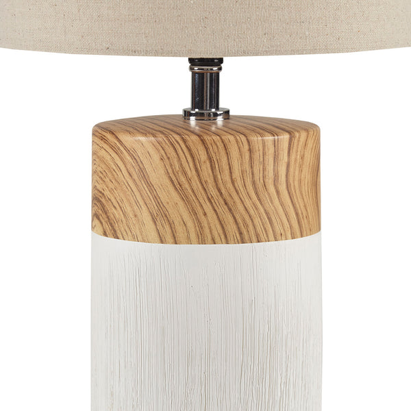 English Elm Textured Ceramic Table Lamp Nicolo – Two-Tone White & Brown Woodgrain Base, Drum Shade, Warm Ambient Light B03594979