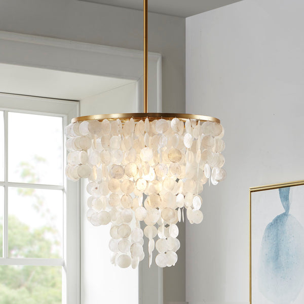 English Elm Layered Capiz Chandelier Isla by Urban Habitat — White Shell Shade, Gold Base, 67.5"H Elegant Lighting Fixture B03599266