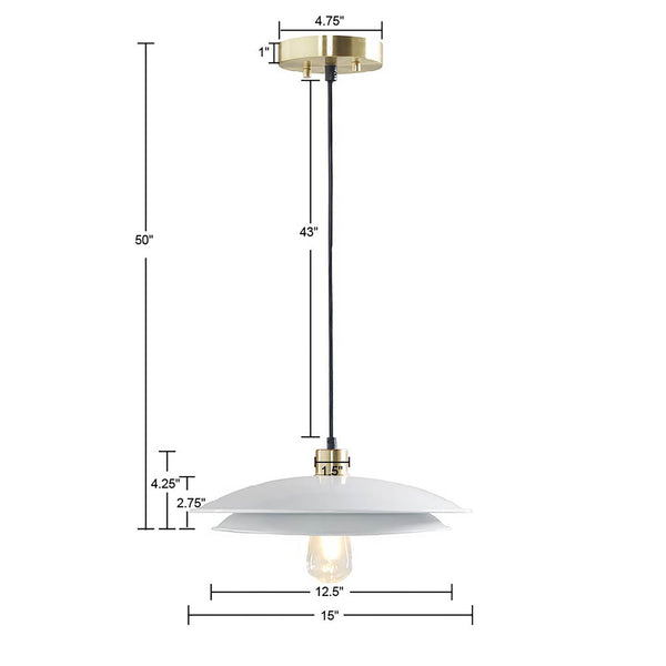 English Elm 2-Tier Layered Shade Pendant Matte White & Gold Mid-Century Modern Dining Light Fixture, 15" Dia B03596563