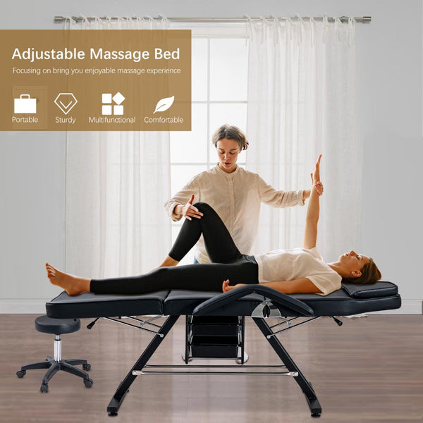 English Elm Massage Salon Bed with Hydraulic Stool Two Trays Faux Leather Spa Treatment Table Black W1422132166