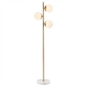English Elm 3-Globe Holloway Floor Lamp with Marble Base, Gold Metal & White Glass Shades, Modern 62" Accent Light B03599272