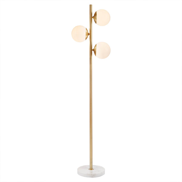 English Elm 3-Globe Holloway Floor Lamp with Marble Base, Gold Metal & White Glass Shades, Modern 62" Accent Light B03599272