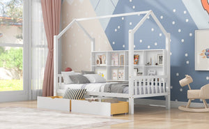 English Elm Wooden Twin House Bed with Roof & 2 Drawers, Storage Shelf, Pine Frame, Contemporary White Finish WF301456AAK