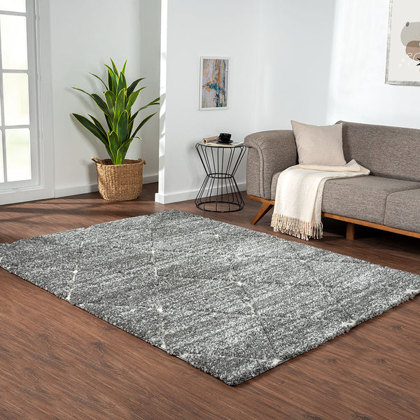 English Elm Talas Sophie Shag Area Rug 5x7 Grey Cream Diamond Trellis High Pile Plush, Non-Slip, OEKO-TEX Certified B03597989