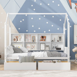 English Elm Wooden Twin House Bed with Roof & 2 Drawers, Storage Shelf, Pine Frame, Contemporary White Finish WF301456AAK