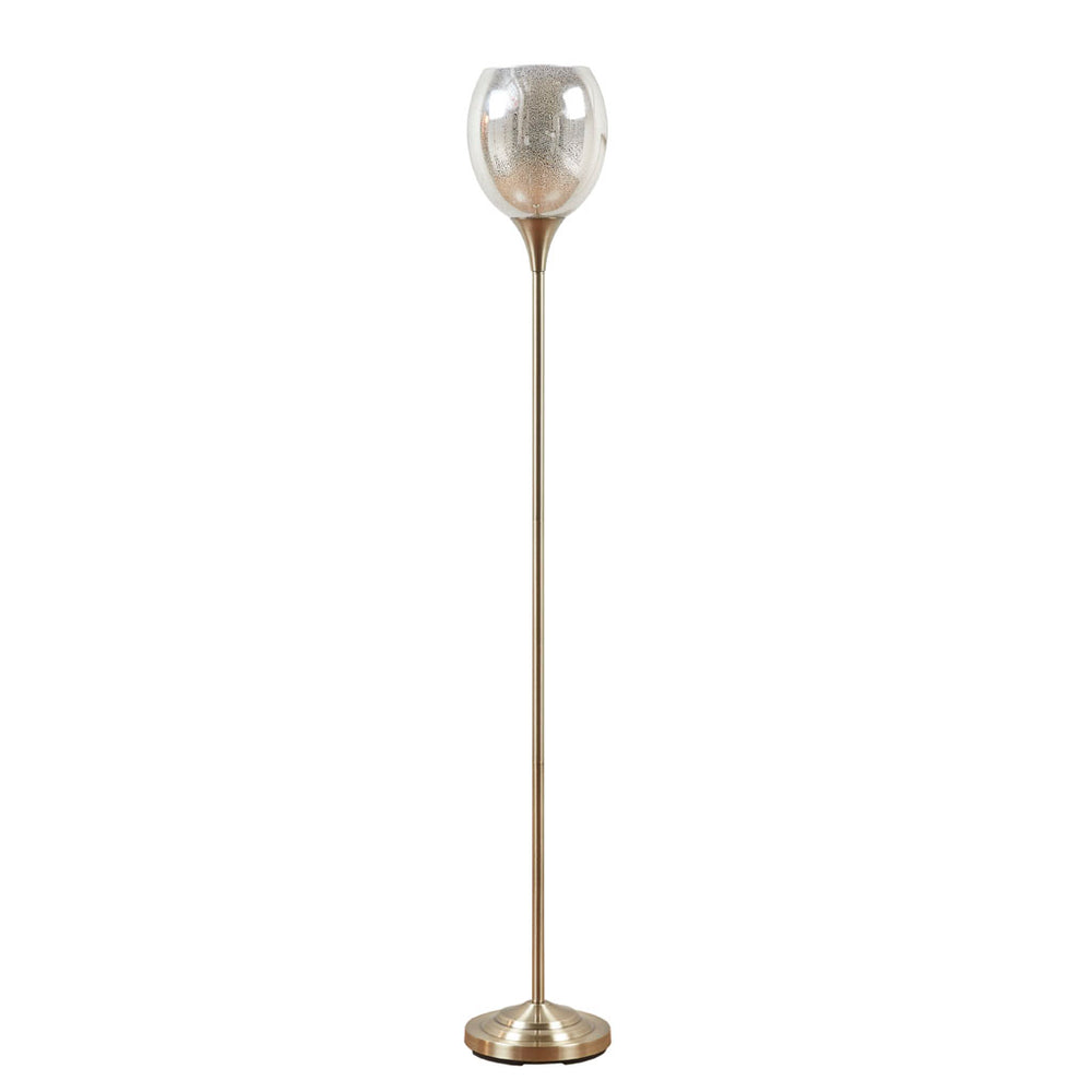 English Elm Uplight Bellow Floor Lamp with Mercury Glass Shade by Hampton Hill — Antique Brass, Slim 67"H Accent Light B03595709