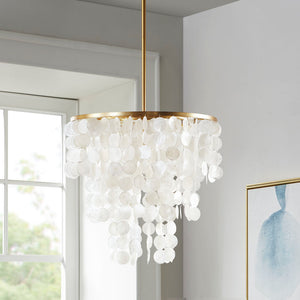 English Elm Layered Capiz Chandelier Isla by Urban Habitat — White Shell Shade, Gold Base, 67.5"H Elegant Lighting Fixture B03599266