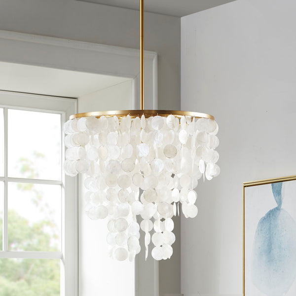 English Elm Layered Capiz Chandelier Isla by Urban Habitat — White Shell Shade, Gold Base, 67.5"H Elegant Lighting Fixture B03599266