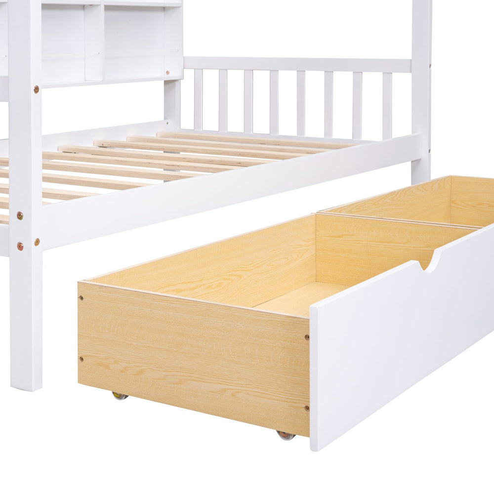 English Elm Wooden Twin House Bed with Roof & 2 Drawers, Storage Shelf, Pine Frame, Contemporary White Finish WF301456AAK