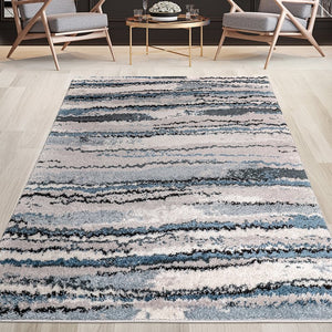 English Elm Watercolor Madison Park Riley Cozy Shag Area Rug – Plush High-Pile Blue Abstract Stripe, Nonslip Fade-Resistant 5x7 Rug B03597996