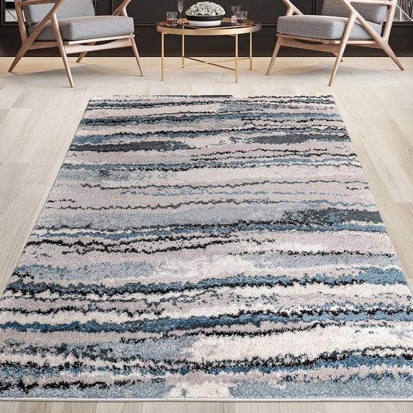 English Elm Watercolor Madison Park Riley Cozy Shag Area Rug – Plush High-Pile Blue Abstract Stripe, Nonslip Fade-Resistant 5x7 Rug B03597996