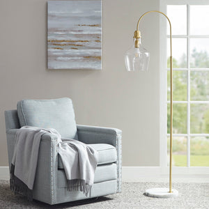 English Elm Arched Hampton Hill Auburn Floor Lamp with White Marble Base, Gold Finish & Bell Glass Shade, 64.5" B03597670