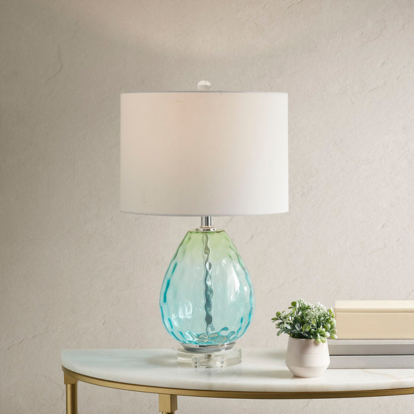 English Elm Ombre Borel Glass Table Lamp with Blue-Green Gradient, White Drum Shade, 24" Height, 72" Cord B035100334