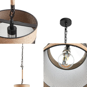 English Elm Natural Rope Orion Hemp Rope & Metal Mesh Cylinder Pendant Light — Farmhouse Modern Industrial Accent, Adjustable Height, Hardwire Compatible B03596570