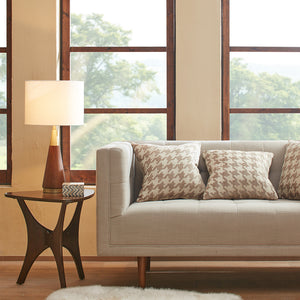 English Elm Triangular Table Lamp with Pecan Wood & Antique Brass Accents, White Linen Shade for Mid-Century Style B03596573