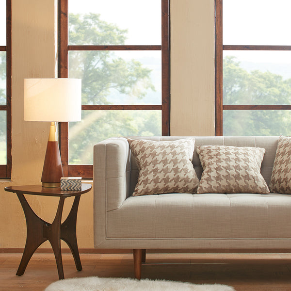 English Elm Triangular Table Lamp with Pecan Wood & Antique Brass Accents, White Linen Shade for Mid-Century Style B03596573