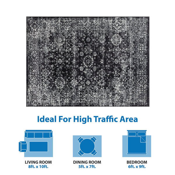 English Elm Distressed Madison Park Chadwick Persian Woven Rug - Black & Cream Distressed Vintage Look, OEKO-TEX Safe, Stain Resistant B03598020