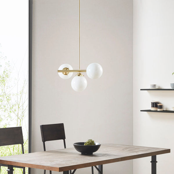 English Elm 3-Light INK+IVY Aurelia Brass Gold Chandelier with Frosted Glass Globes, Adjustable Height, Dimmable, 16" Wide B03596565