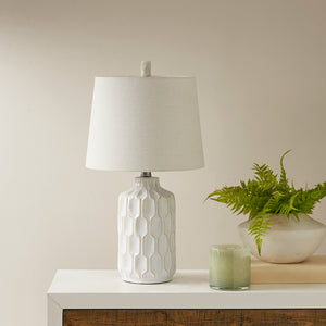 English Elm Contour Ceramic Table Lamp — Mid-Century Ivory Contoured Base, Accent Line Detail, Soft White Shade, 22" B03596575
