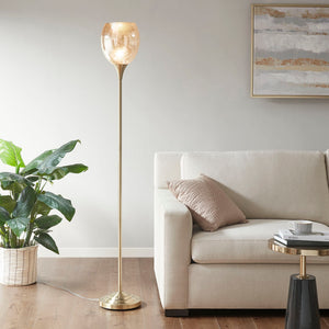 English Elm Uplight Bellow Floor Lamp with Mercury Glass Shade by Hampton Hill — Antique Brass, Slim 67"H Accent Light B03595709
