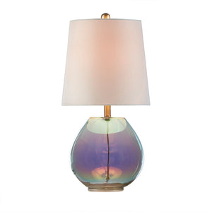 English Elm Ranier Iridescent Glass Table Lamp with Green Curved Base and Off-White Tapered Shade, 19.5" H B03594975