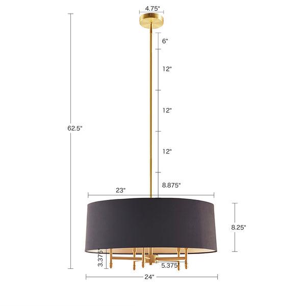 English Elm Presidio Black Drum Shade Chandelier with Tilted Fabric Shade, Plated Brass Frame, 62.5" Drop B03595694