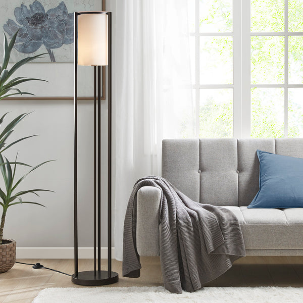 English Elm Metal Floor Lamp Charlton Matte Black 63" with Frosted Glass Cylinder Shade, Slim Minimalist Lighting Stand B03599405