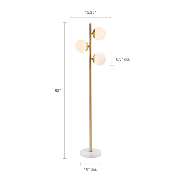 English Elm 3-Globe Holloway Floor Lamp with Marble Base, Gold Metal & White Glass Shades, Modern 62" Accent Light B03599272