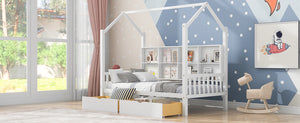 English Elm Wooden Twin House Bed with Roof & 2 Drawers, Storage Shelf, Pine Frame, Contemporary White Finish WF301456AAK