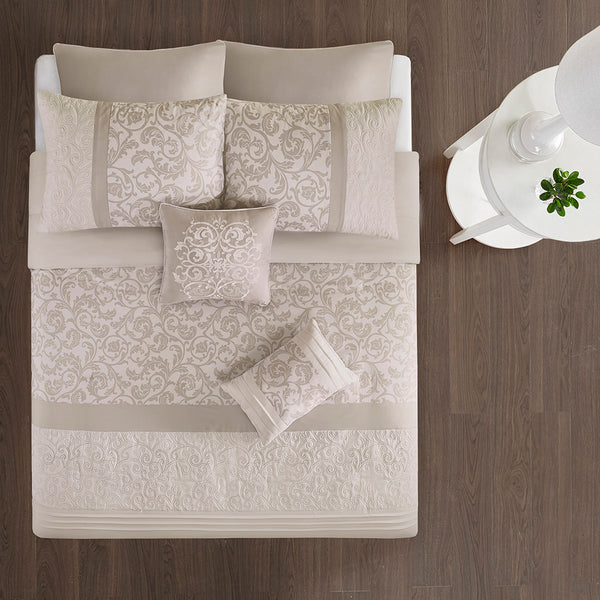 English Elm Embroidered 8-Piece Comforter Set For Cal King - Luxurious Neutral Tones With Quilted Elegance B03594911