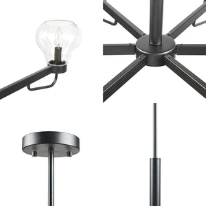 English Elm 6-Light Devon Chandelier with Clear Bowl Glass Shades, Matte Black Mid-Century Uplight Fixture, Adjustable Height B03594966