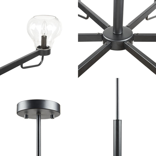 English Elm 6-Light Devon Chandelier with Clear Bowl Glass Shades, Matte Black Mid-Century Uplight Fixture, Adjustable Height B03594966