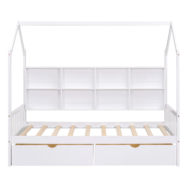 English Elm Wooden Twin House Bed with Roof & 2 Drawers, Storage Shelf, Pine Frame, Contemporary White Finish WF301456AAK