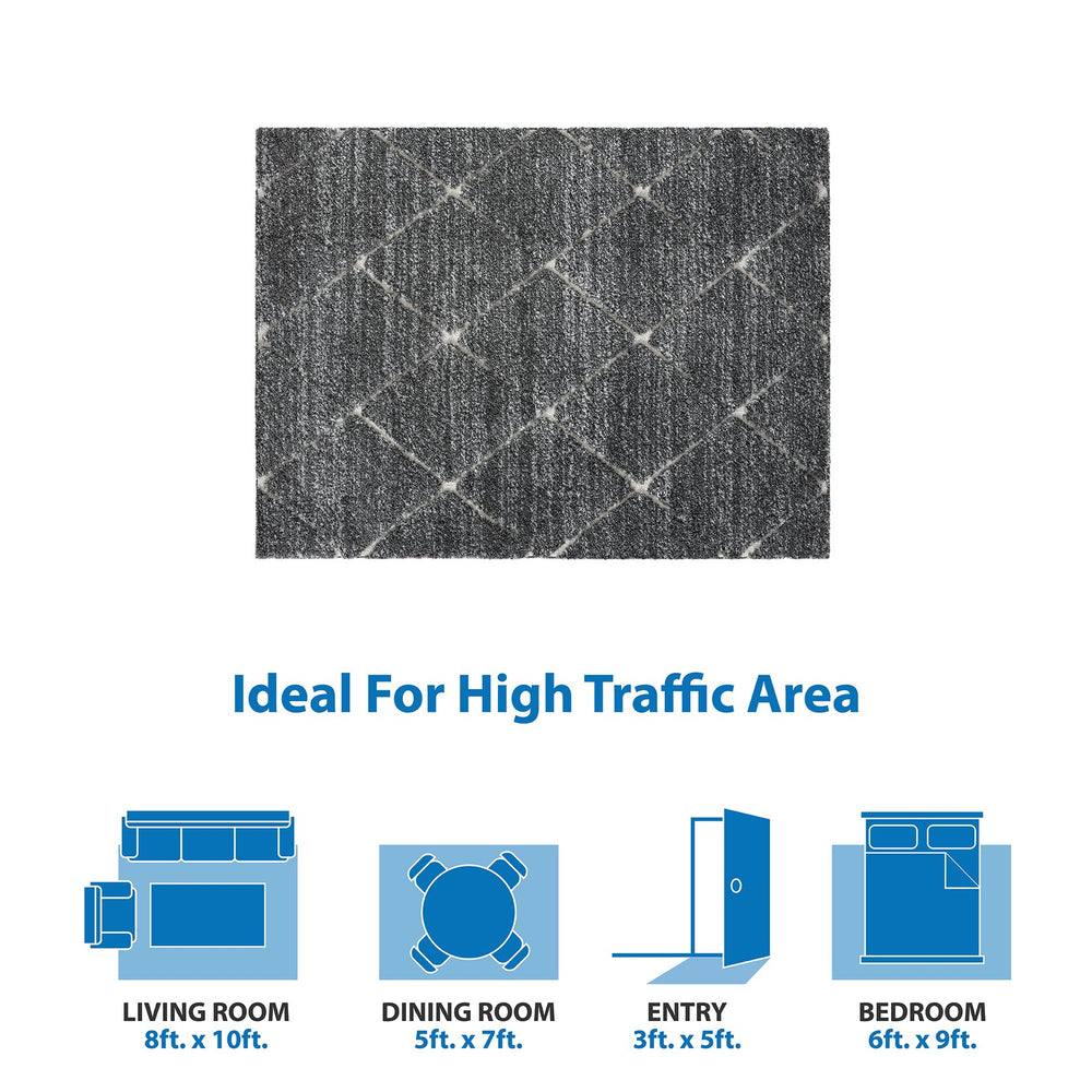 English Elm Talas Sophie Shag Area Rug 5x7 Grey Cream Diamond Trellis High Pile Plush, Non-Slip, OEKO-TEX Certified B03597989